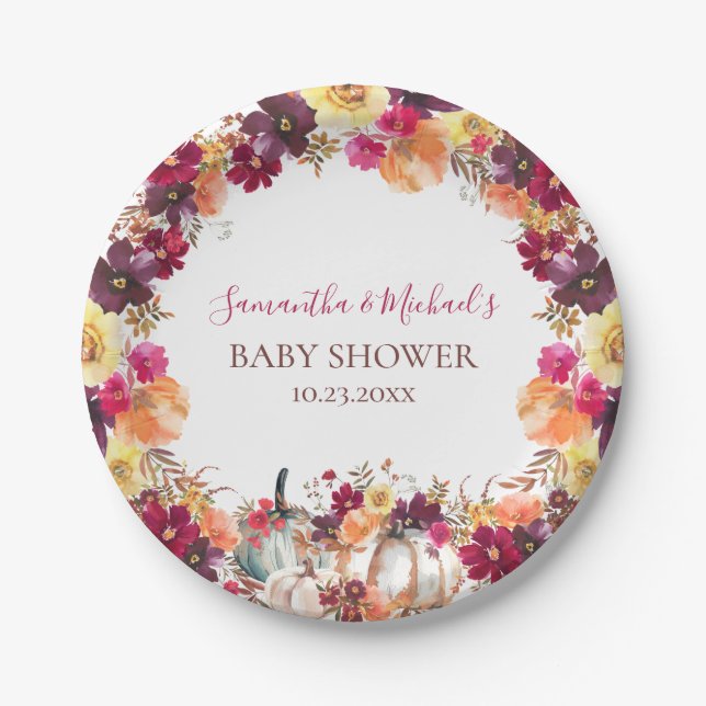 Pumpkin Fall Floral Baby Dusche Pappteller (Vorderseite)