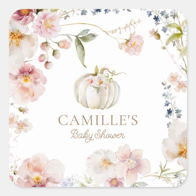 Pumpkin Fall Floral Girl Babydusche Quadratischer Aufkleber (Vorderseite)