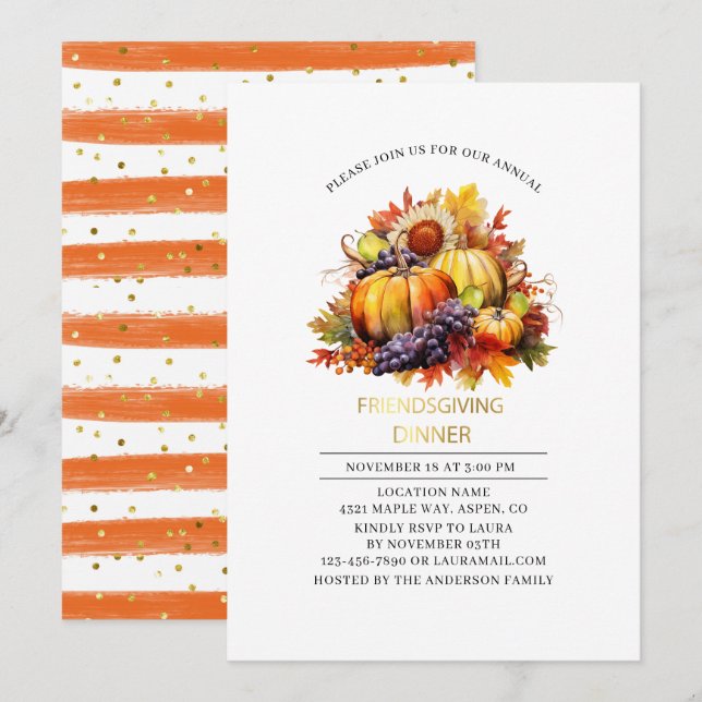 Pumpkin Fall Friendsgiving Dinner Aquarell Einladung (Vorne/Hinten)