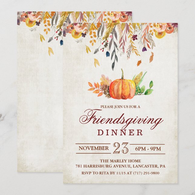 Pumpkin Fall Friendsgiving Dinner Einladung (Vorne/Hinten)