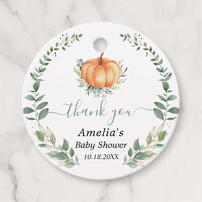 Pumpkin Fall Greenery Gold Foliage Baby Dusche Geschenkanhänger (Vorderseite)
