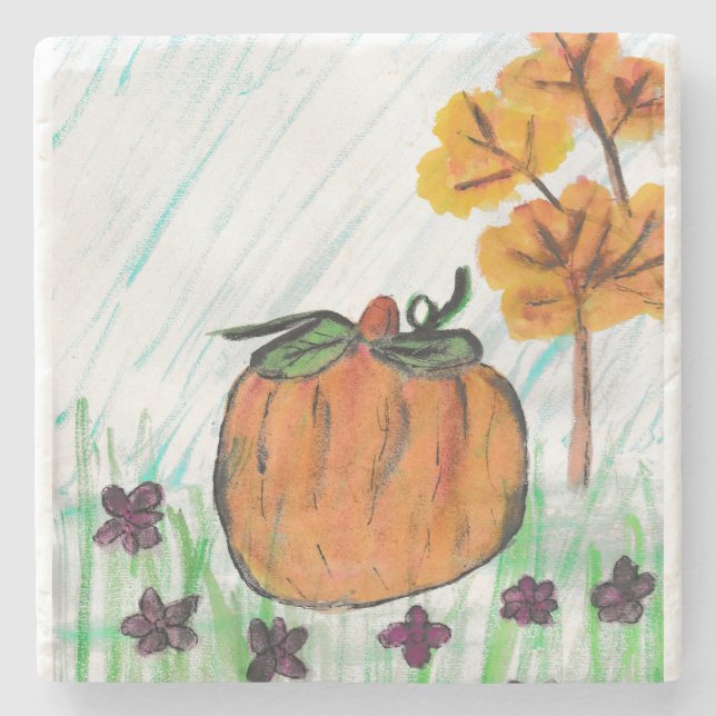 Pumpkin Fall mit violetten Blumen Steinuntersetzer (Vorderseite)