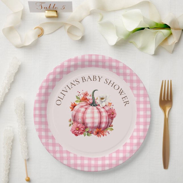 Pumpkin Fall Pink Gingham Baby Duschpapier Teller (Hochzeit)