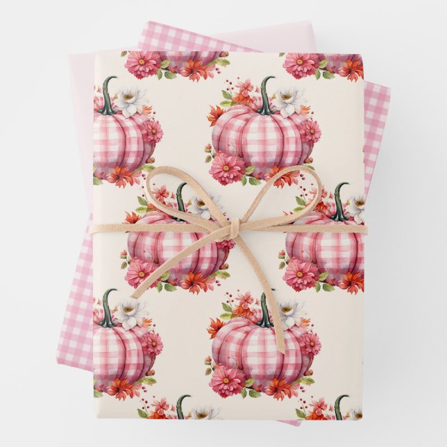 Pumpkin Fall Pink Kariert Baby Dusche Geschenkpapier Set (Beispiel)