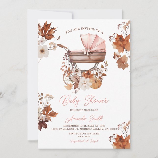 Pumpkin Fall Stroller Vintage Girl Baby Shower Einladung (Vorderseite)