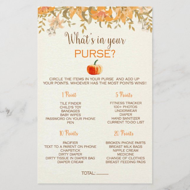 Pumpkin Fall Was ist in Ihrem Purse Baby Shower Ga Flyer (Vorne)