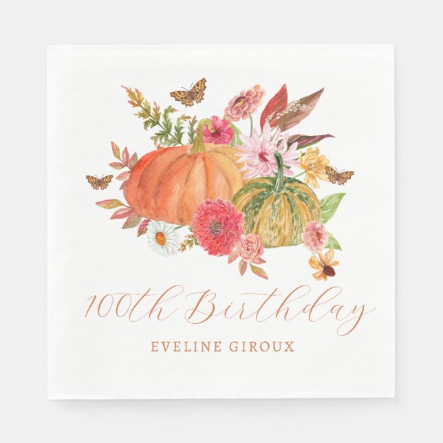 Pumpkin Fall Wildblume Floral 100. Geburtstag Serviette (Vorderseite)