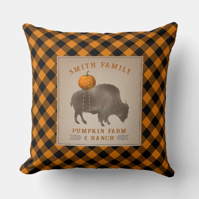 Pumpkin Farm Ranch Bison Buffalo Kariert Throw Kissen (Vorderseite)