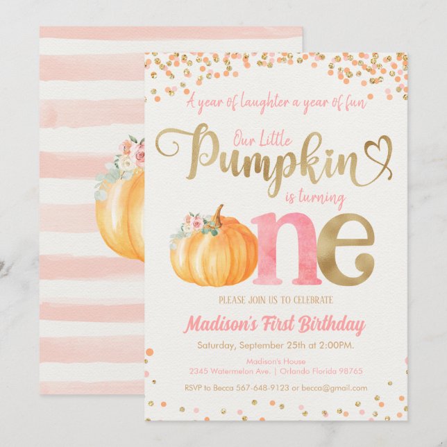 Pumpkin First Birthday Einladung (Vorne/Hinten)