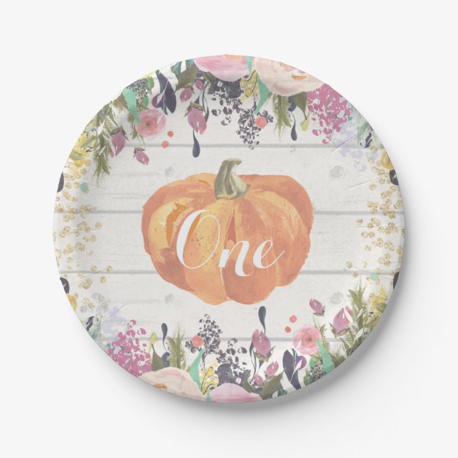 Pumpkin First Birthday Floral Gold Paper Teller (Vorderseite)
