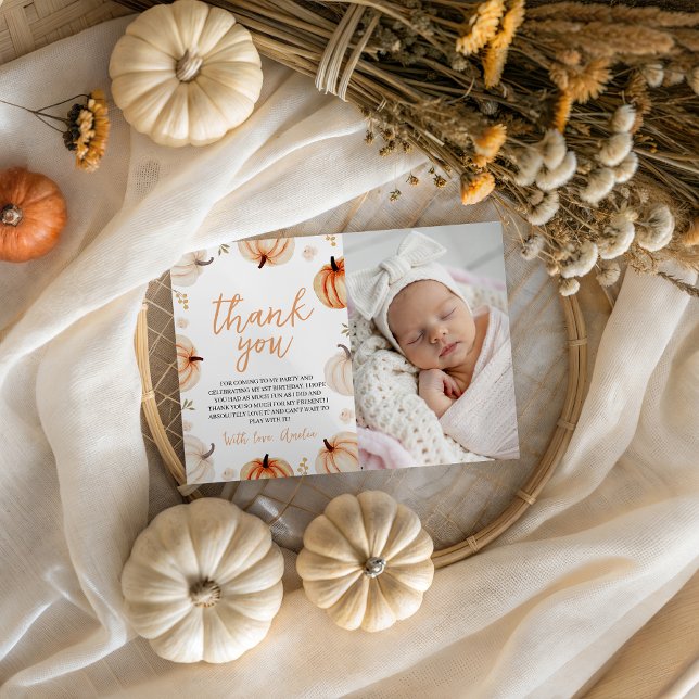 Pumpkin First Birthday Foto Vielen Dank Einladung (Von Creator hochgeladen)