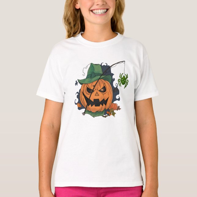 Pumpkin Fisherman Fishing Funny Halloween T-Shirt (Vorderseite)
