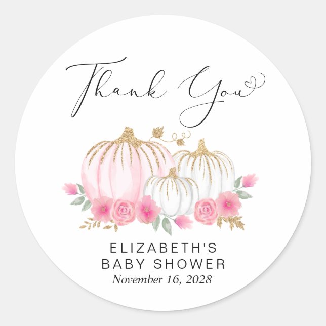 Pumpkin Floral Baby Girl Dusche Vielen Dank Runder Aufkleber (Vorderseite)
