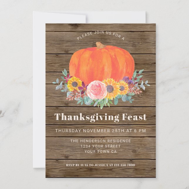 Pumpkin Floral Bard Wood Erntedank Dinner Einladung (Vorderseite)
