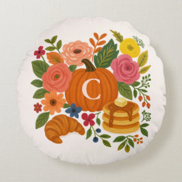 Pumpkin Floral Monogram Round Pillow Fall Rundes Kissen