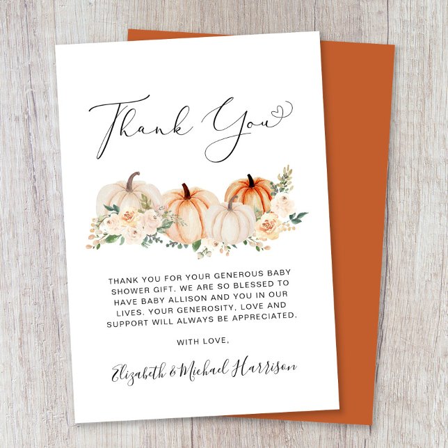 Pumpkin Floral Watercolor Babydusche Dankeskarte (Von Creator hochgeladen)