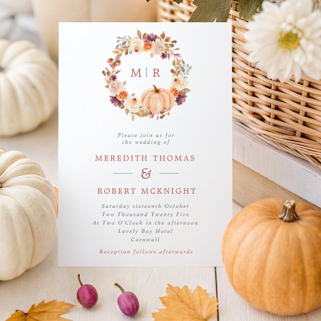 Pumpkin Floral Wreath Monogram Wedding Einladung (Von Creator hochgeladen)