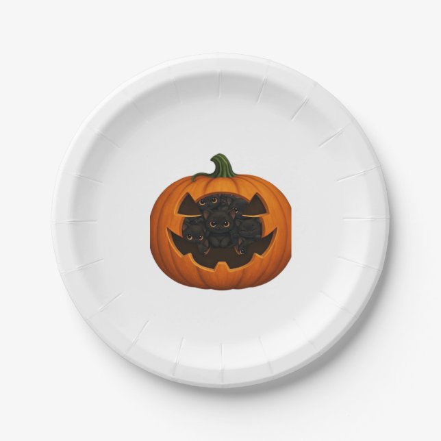 Pumpkin Full of Kittens - Niedliches Schwarzes Kat Pappteller (Vorderseite)