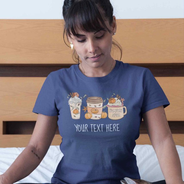 Pumpkin Gewürz Coffee Design Retro Style Fallmeile T-Shirt (Navy blue halloween tshirt. Coffee Shirt, Fall pumpkin spice shirt in navy blur for women)
