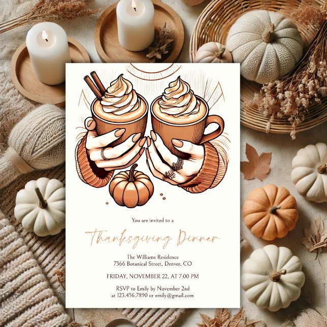 Pumpkin Gewürz & Gemütliches Erntedank Abendessen  Einladung (Cozy Pumpkin Spice Latte Thanksgiving Dinner Invitation)
