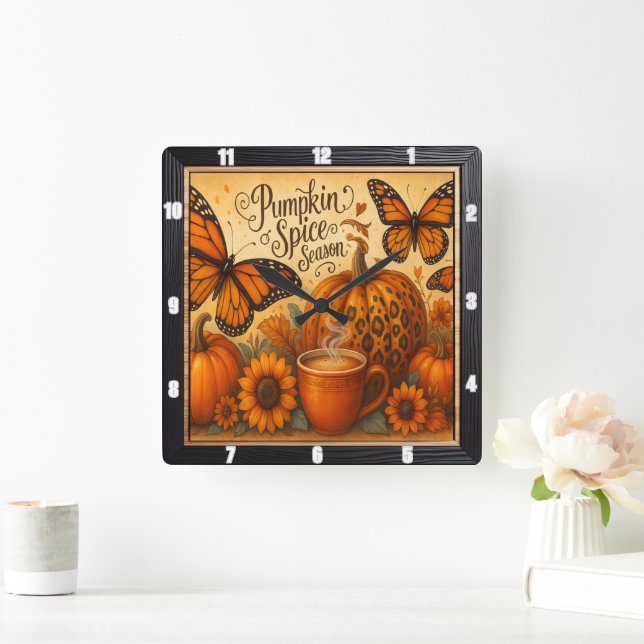 Pumpkin Gewürzschmetterlinge Herbst Quadratische Wanduhr (Zuhause)