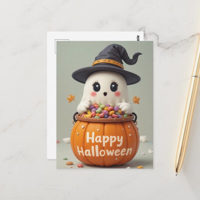 Pumpkin Ghost Halloween Sweet Ghosted Grüße Postkarte (Vorderseite/Rückseite Beispiel)