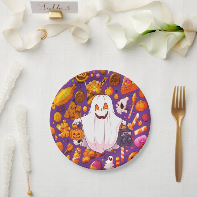 Pumpkin Ghost Pattern Niedlich Halloween Pappteller (Hochzeit)