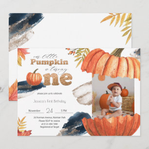 Pumpkin Gold fallen zum ersten Geburtstag mit Foto Einladung