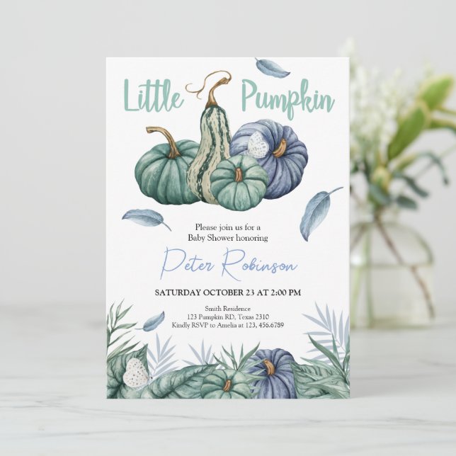 Pumpkin Green Floral Boy Baby Dusche Einladung (Stehend Vorderseite)