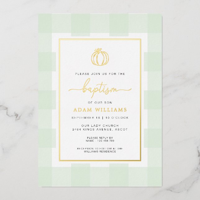 Pumpkin Green Gingham Taufe Gold Foil Einladung (Vorderseite)