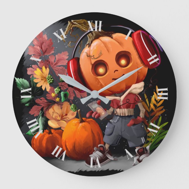 Pumpkin Halloween Musikfreund Große Wanduhr (Vorderseite)