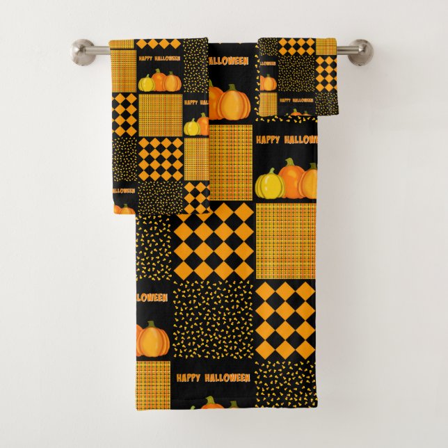 Pumpkin Halloween Patchwork Pattern Badhandtuch Set (Insitu)