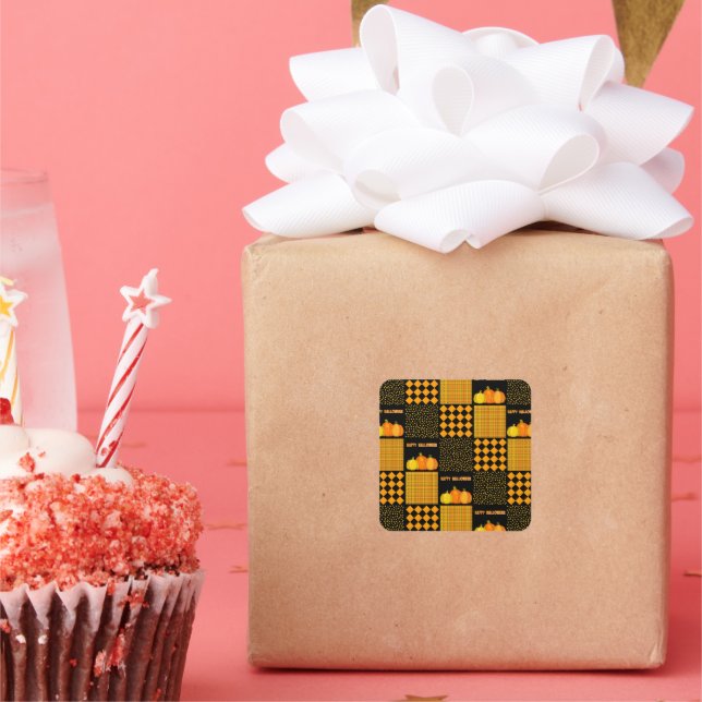 Pumpkin Halloween Patchwork Pattern Quadratischer Aufkleber (Party)