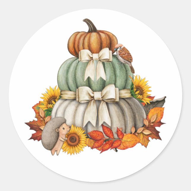 Pumpkin Harvest, Igel und Vögel Niedliche Natur Runder Aufkleber (Vorderseite)
