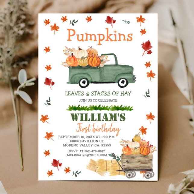 Pumpkin, Hay, Blätter, Fall Birthday Green Truck Einladung (Von Creator hochgeladen)