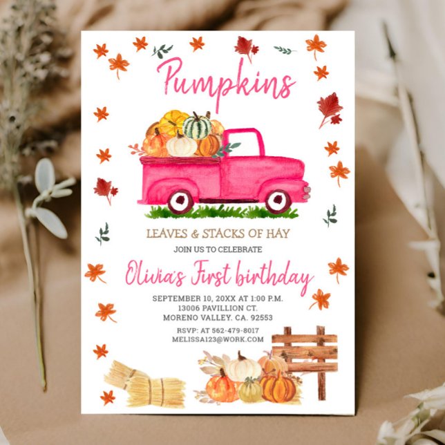 Pumpkin, Hay, Blätter, Fall Birthday Pink Truck Einladung (Von Creator hochgeladen)