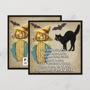 Pumpkin Head Black Cat Bats Halloween Party Invite Einladung