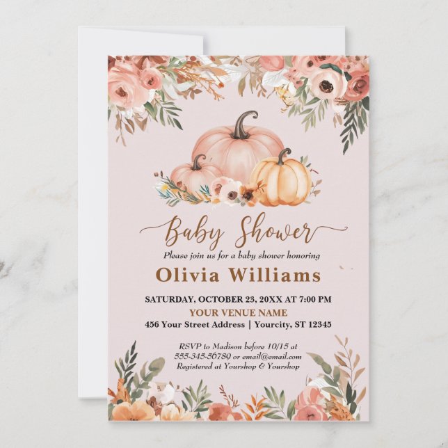 Pumpkin Herbst Floral Baby Dusche in Invitat Einladung (Vorderseite)