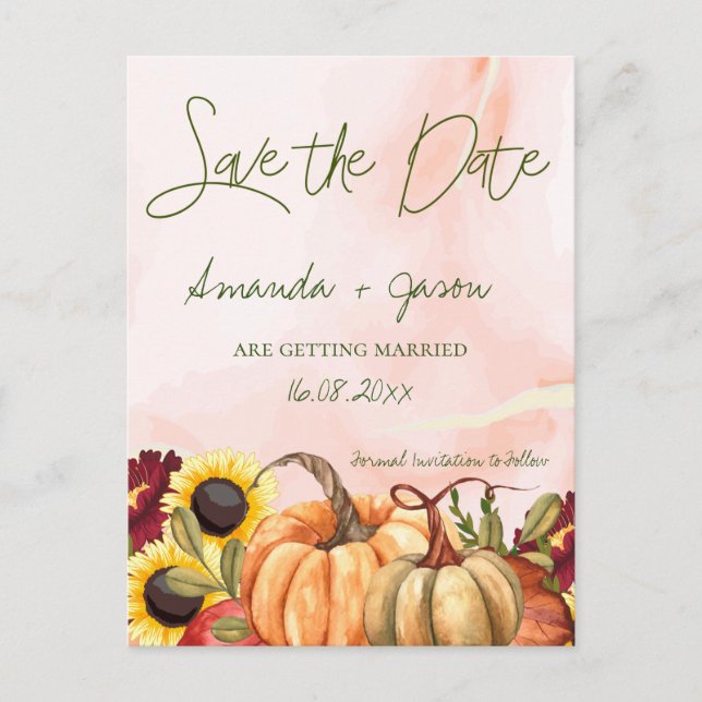 Pumpkin Herbstflorale Hochzeit im Herbst Save the  Postkarte (Vorderseite)