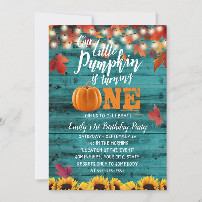 Pumpkin Herbstleaves Aquamarin Sonnenblume 1. Gebu Einladung (Vorderseite)