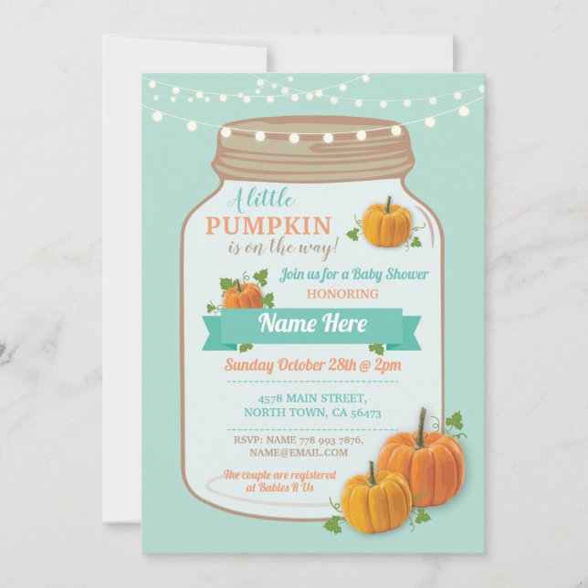 Pumpkin Jar Fall Mint Lights Babydusche Einladung (Vorderseite)
