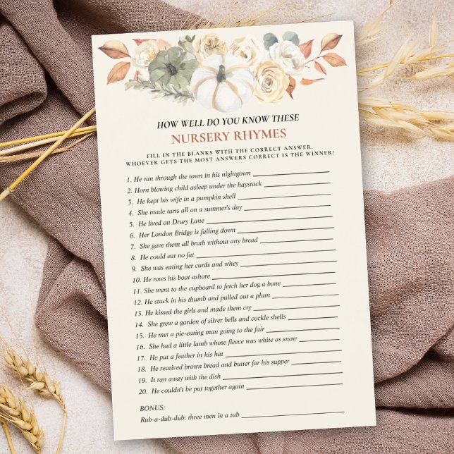 Pumpkin Kinderzimmer Rhyme Baby Showgame (A baby shower nursery rhyme game with a pumpkin theme is a fun & entertaining activity for guests.)