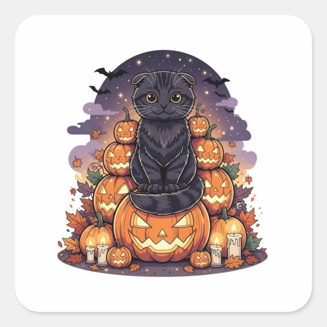 Pumpkin King Fold - Schottisches Katzenkatze Hallo Quadratischer Aufkleber (Vorderseite)