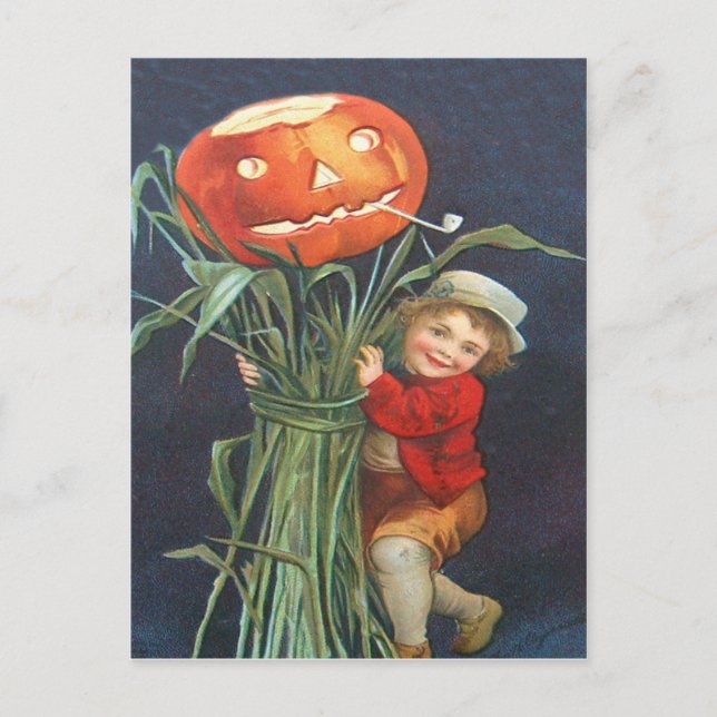 Pumpkin Kürbislaterne Cornstalk Boy Postkarte (Vorderseite)
