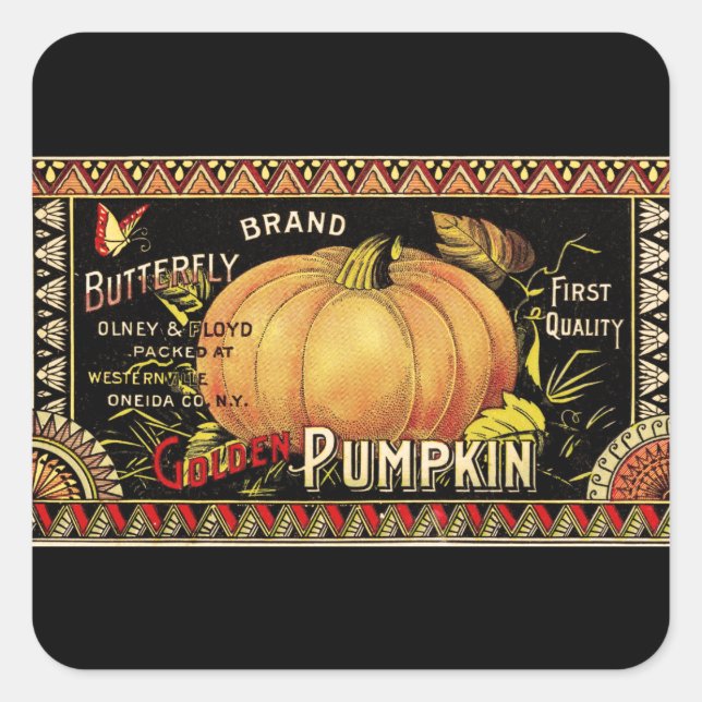 Pumpkin Label Antique Butterfly Marke Quadratischer Aufkleber (Vorderseite)
