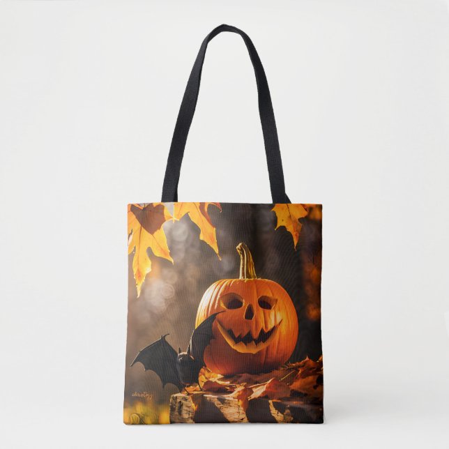 Pumpkin Lantern und Bat Halloween Tasche (Vorderseite)