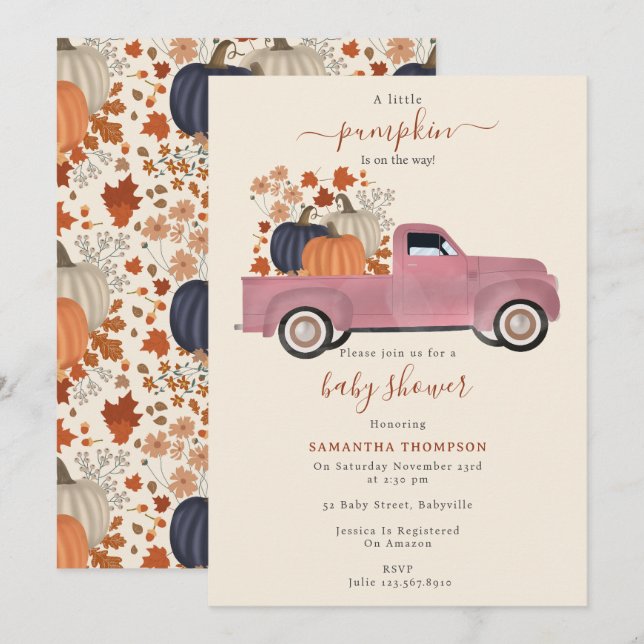 Pumpkin Lieferwagen Truck Herbst Kinderduschmädche Einladung (Vorne/Hinten)