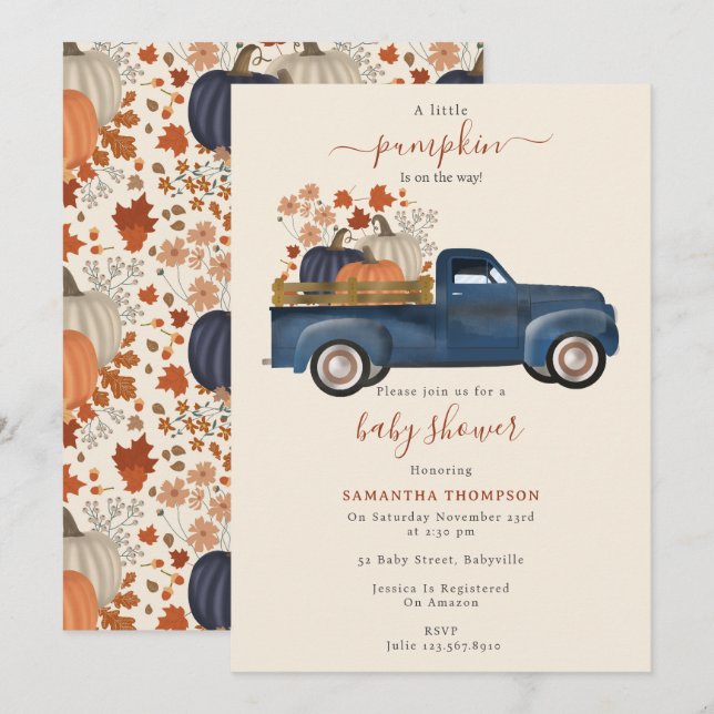 Pumpkin Lieferwagen Truck Herbst Kinderduschmaschi Einladung (Vorne/Hinten)