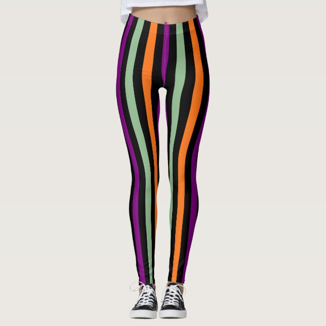 Pumpkin, Lila, Grün und Schwarz Vert. Streifen Leggings (Vorderseite)