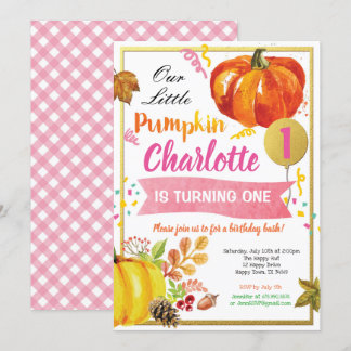 Pumpkin-Mädchen zum ersten Geburtstag rosa und gol Einladung
